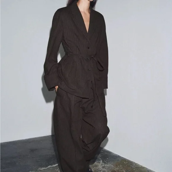 Zara herringbone belted blazer ZE collection in brown marl - small - Picture 5 of 10